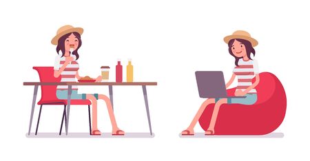 Young smiling woman wearing leisure summer fit, trendy stripe print, beach shoes, sitting, eating, working with laptop on bean bag. Vector flat style cartoon illustration, isolated, white backgroundのイラスト素材