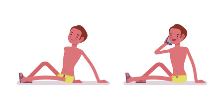 Young slim man in swimming trunks, tanned complexion, enjoying summer beach resort, sitting napping in sun, bathing, phone talking. Vector flat style cartoon illustration, isolated, white backgroundのイラスト素材