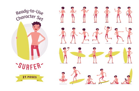 Ready-to-use surfer man character set, various poses and emotions illustration.のイラスト素材