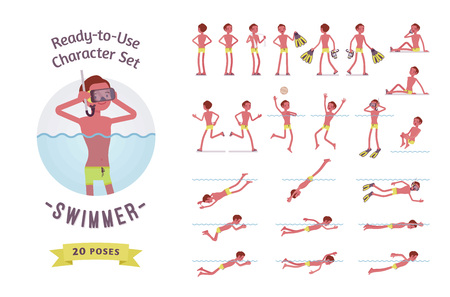 Ready-to-use character set. Young male swimmer, snorkeling, diving. Various poses, emotions, running, standing, walking, sunbathing, playing. Full length, front, rear view isolated, white backgroundのイラスト素材