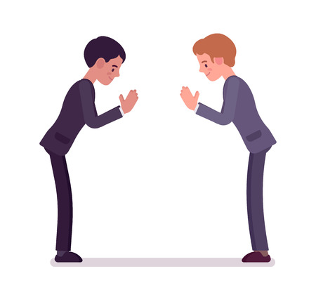 Business partners giving a bow. Men in formal wear greeting in Japanese manner protocol, polite salutation. Office etiquette concept. Vector flat style cartoon illustration, isolated, white backgroundのイラスト素材
