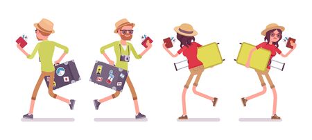 Tourist man and woman runningの写真素材