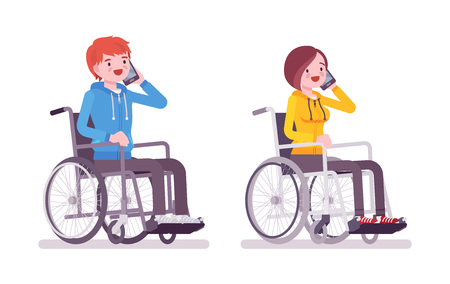 Male and female young wheelchair user phonetalking. Employment, communication and promotion. Society and disabled people concept. Vector flat style cartoon illustration, isolated, white backgroundのイラスト素材