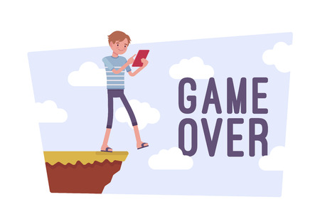 Game over poster. Young gamer pedestrian walking in danger close to hill edge staring at screen, having lost all lives, end the fun. Vector flat style cartoon illustration isolated on white backgroundのイラスト素材