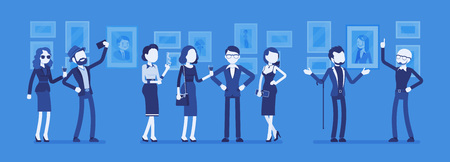 Biennale art event. Every year contemporary exhibition or festival celebration, elegant people enjoy cultural life of high class society. Vector business concept illustration with faceless charactersのイラスト素材