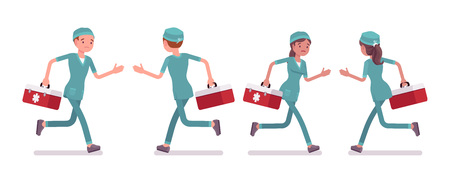 Male and female nurse running. Young workers in hospital uniform busy hurry in clinic. Medicine and healthcare concept. Vector flat style cartoon illustration isolated on white background, front, rearのイラスト素材