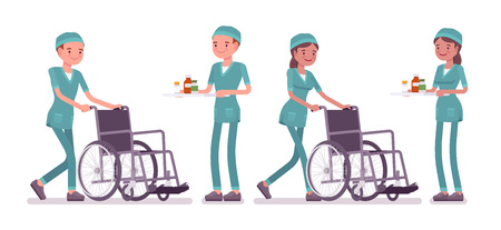 Male and female nurse at medical procedure. Young workers in hospital uniform on duty in the clinic. Medicine and healthcare concept. Vector flat style cartoon illustration isolated, white backgroundのイラスト素材