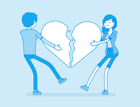Lovers broken heart. Young man, woman pulled apart causing each other feel great sorrow, couple in disagreement at end of friendly relations after angry dispute. Vector line art illustrationのイラスト素材