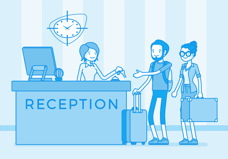 Illustration for Tourists at reception in a hotel Vector illustration. - Royalty Free Image