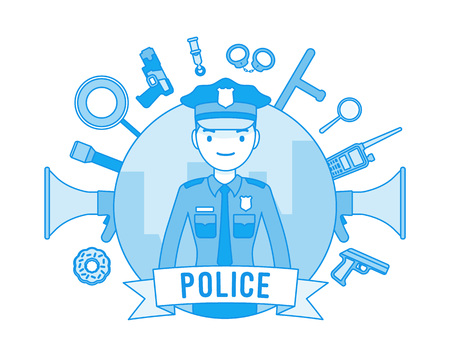 Policeman and weapons poster. Young member of a police force in uniform, equipment, body armor, gear for duty patrol, enforcement accessories. Law and justice concept. Vector line art illustrationのイラスト素材