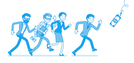 Bait for businessmen. People running after a dollar placed on a hook, trap to attract and catch inexperienced workers.のイラスト素材