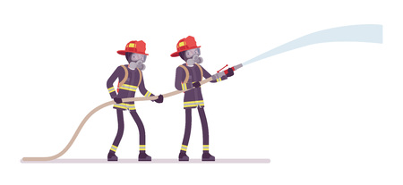 Young male firefighters with water hoseのイラスト素材