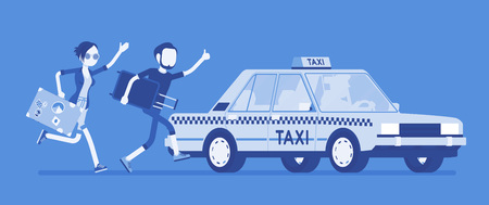 Chasing a taxi cab. Young black man and woman with luggage in a hurry running to get a car, yellow public passenger vehicle.のイラスト素材