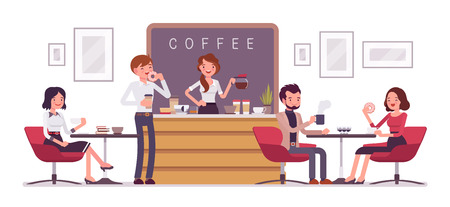 Cafe shop and people relaxing. Modern place interior to meet, drink and eat, chat, have a rest, enjoy free time, barista girl makes and serves coffee for public. Vector flat style cartoon illustrationのイラスト素材
