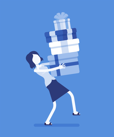 A woman holding a heap of gift boxes.のイラスト素材