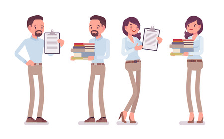 Smart middle aged man, woman in buttoned up shirt, camel skinny chino trousers, standing with paper files. Business stylish workwear trend, office city fashion. Vector flat style cartoon illustrationのイラスト素材