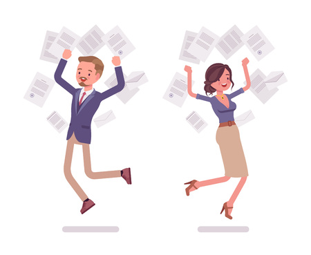 Male and female office secretary happy throwing papersのイラスト素材