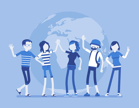 International friendship team. Good relationship between friends of different nations, young happy people of earth working and living together. Vector illustration, faceless charactersのイラスト素材