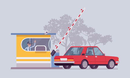 Car at toll booth. Vehicle passing open gate on road, highway, barrier for drivers to stop and pay toll. City street beautification, urban design concept. Vector flat style cartoon illustrationのイラスト素材