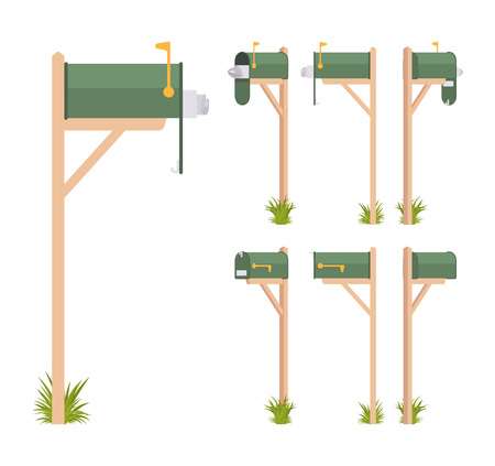 Green mailbox set. Steel box near a dwelling, street corner for mail, to put and get a letter, with indicator. Landscape architecture and urban design concept. Vector flat style cartoon illustrationのイラスト素材