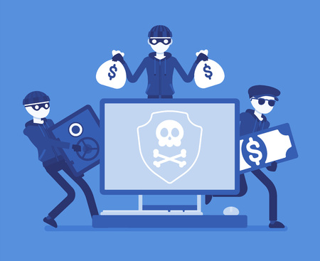 Electronic theft danger. Masked men in black stealing money using technology, thieves committing network crime with computer system. Vector illustration, faceless charactersのイラスト素材