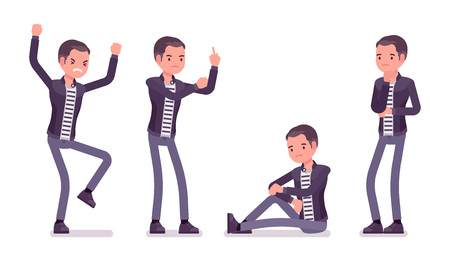 Young man negative emotions. Unhappy caucasian millennial boy feeling sad or having a depressed mood, cannot enjoy life, wearing city clothing and accessories. Vector flat style cartoon illustrationのイラスト素材