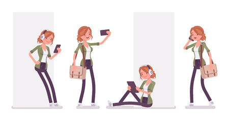 Young red-haired woman and gadgets. Caucasian attractive girl with ginger hairstyle, wearing urban jacket spend time texting and chatting. Vector flat style cartoon illustrationのイラスト素材