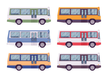 Bus set in bright colors. Single-decker bright large motor road vehicle for carrying passengers, city transit. Vector flat style cartoon illustration, isolated on white background, side viewのイラスト素材