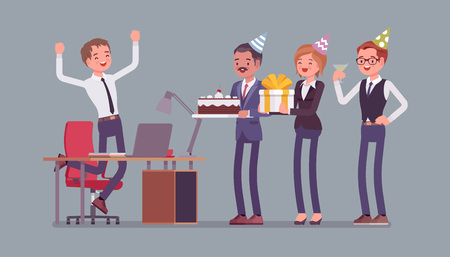 Birthday party in the office. Male happy employee in celebration and giving gifts by friends, coworkers assemble for interaction and entertainment at workplace. Vector flat style cartoon illustrationのイラスト素材
