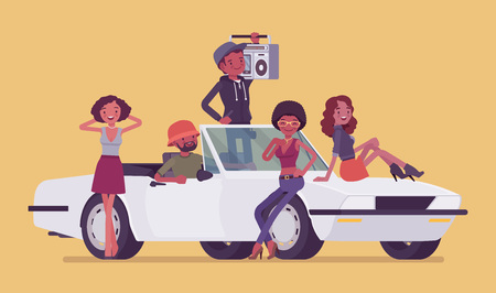 Cabriolet car with teens. Group of black men and women enjoy ride and music, happy young friends, having summer leisure, road trip or travel together. Vector flat style cartoon illustrationのイラスト素材
