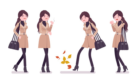 Stylish woman feeling cold, wearing autumn clothes, classic short beige coat and accessories. Fall outfits for women concept. Vector flat style cartoon illustration isolated on white backgroundのイラスト素材