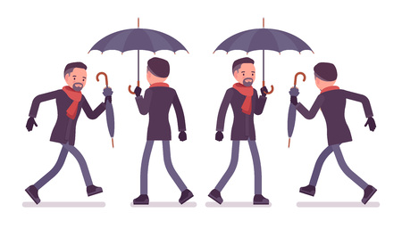 Man with umbrella walking and running, wearing autumn clothes, classic short coat and accessories. Fall outfits for men concept. Vector flat style cartoon illustration isolated on white backgroundのイラスト素材