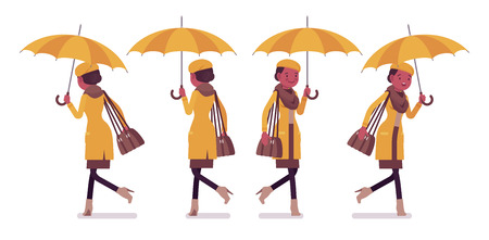 Black woman with umbrella walking, running, wearing autumn clothes, classic yellow gray coat, accessories. Fall outfits for women. Vector flat style cartoon illustration isolated, white backgroundのイラスト素材