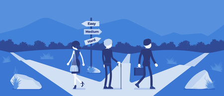 People choosing a path, way, life direction. Three people pick out alternatives between easy, medium, hard road pointers, management and guidance metaphor. Vector illustration, faceless charactersのイラスト素材