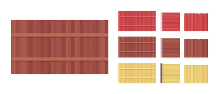 Fence wooden barrier set, home and land protection element. High boundary to prevent or block movement to house. Vector flat style cartoon illustration isolated, white background, different viewsのイラスト素材