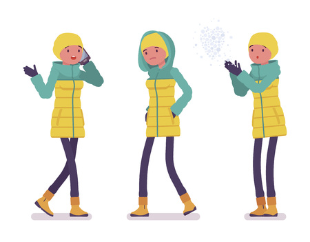 Young woman in bright down jacket walking outdoors, wearing soft warm winter clothes, classic snow boots, hat. Women outfit concept. Vector flat style cartoon illustration isolated, white backgroundのイラスト素材