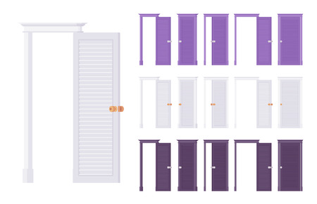Doors flush classic set, wooden front entrance to building, room. Home, office design concept. Vector flat style cartoon illustration isolated on white background, different views, open and closedのイラスト素材