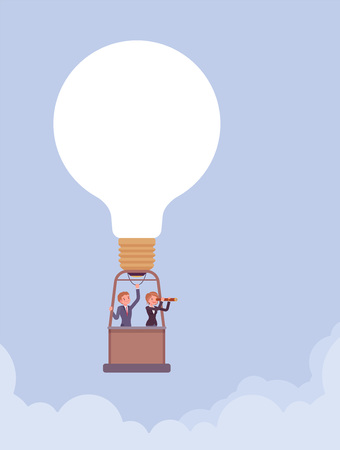 Great idea hot air balloon with lamp bulb and business people in basket. Businessman and businesswoman float high in sky, enjoy accomplishment of aim or purpose, start new project. Vector illustrationのイラスト素材