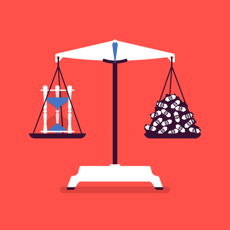 Time and money scales tool good balance. Metaphor of harmony, pleasant agreement of profit and life accord, equal weight of importance, motivation of choosing right lifestyle. Vector illustrationのイラスト素材