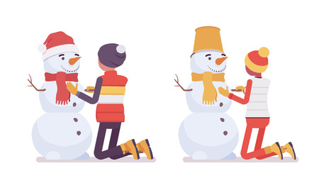 Young man and woman make a snowman, enjoy winter outdoor activities, have fun on active holiday, wintertime tourism and recreation. Vector flat style cartoon illustration isolated on white backgroundのイラスト素材
