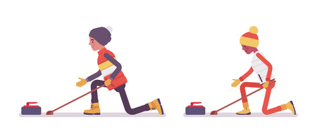 Man and woman enjoy sport, curling. Winter outdoor activities on ski resort, having active holiday,...