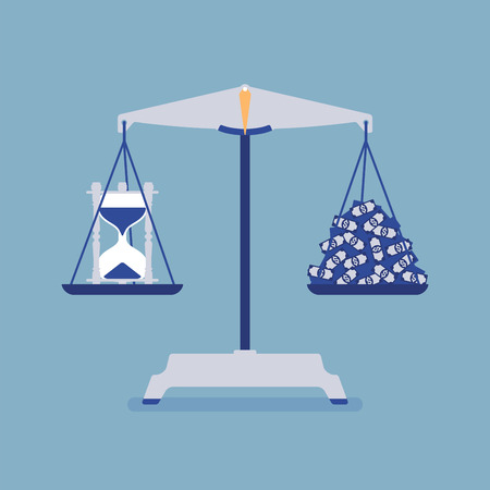 Time and money scales tool good balance. Metaphor of harmony, pleasant agreement of profit and life accord, equal weight of importance, motivation of choosing right lifestyle. Vector illustrationのイラスト素材