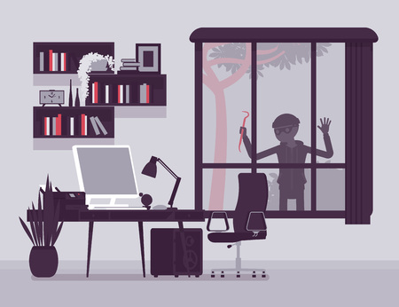 Thief planning the house robbery. Male masked criminal looks trough big window to steal property, burglar watching before break in an unprotected apartment. Vector illustration, faceless charactersのイラスト素材