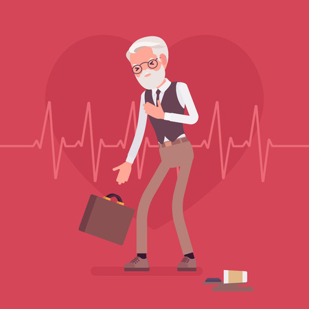 Heart attack male symptoms. Senior man has a sudden great pain, aching sensation in chest, serious medical emergency case, cardiogram pulse background. Medicine and healthcare. Vector illustrationのイラスト素材
