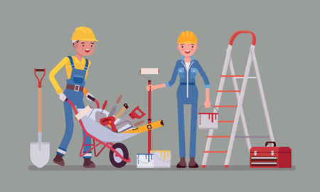 Construction workers with professional equipment. Male and female laborers in uniform and hard hat employed to build or repair, engaged in manual work and physical labour industry. Vector illustrationのイラスト素材