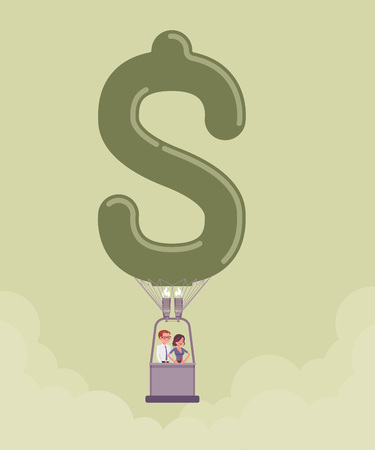 Dollar shape hot air balloon with business people. Happy businessman, businesswoman enjoy safe, pleasurable startup flight, investing exploring new market, get financial benefit. Vector illustrationのイラスト素材