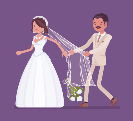 Angry bride leaving groom on wedding ceremony. Latin American unhappy woman in white dress going away from future husband, changing her mind, refusing to marry, break celebration. Vector illustrationのイラスト素材