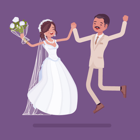 Bride and groom happy jump on wedding ceremony. Latin American man, woman in a beautiful dress on traditional celebration, married couple in love. Marriage customs and traditions. Vector illustrationのイラスト素材