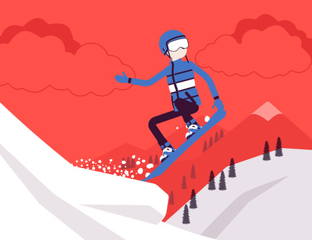Active sporty man riding on snowboard, jumping, enjoy winter outdoor fun on ski resort with snowy nature and mountain view, wintertime tourism and recreation. Vector illustration, faceless charactersのイラスト素材