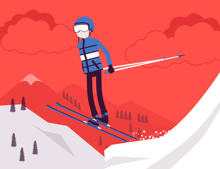 Active sporty man skiing, jumping enjoy winter outdoor fun on resort with beautiful snowy nature, mountain view, professional wintertime tourism, recreation. Vector illustration, faceless charactersのイラスト素材